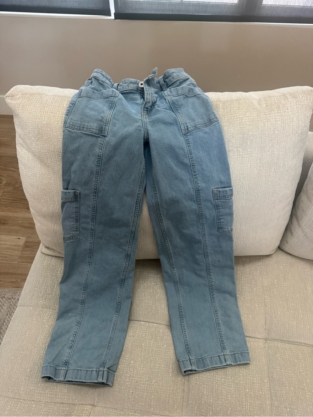 Light Wash Denim Cargo Pants - Blue